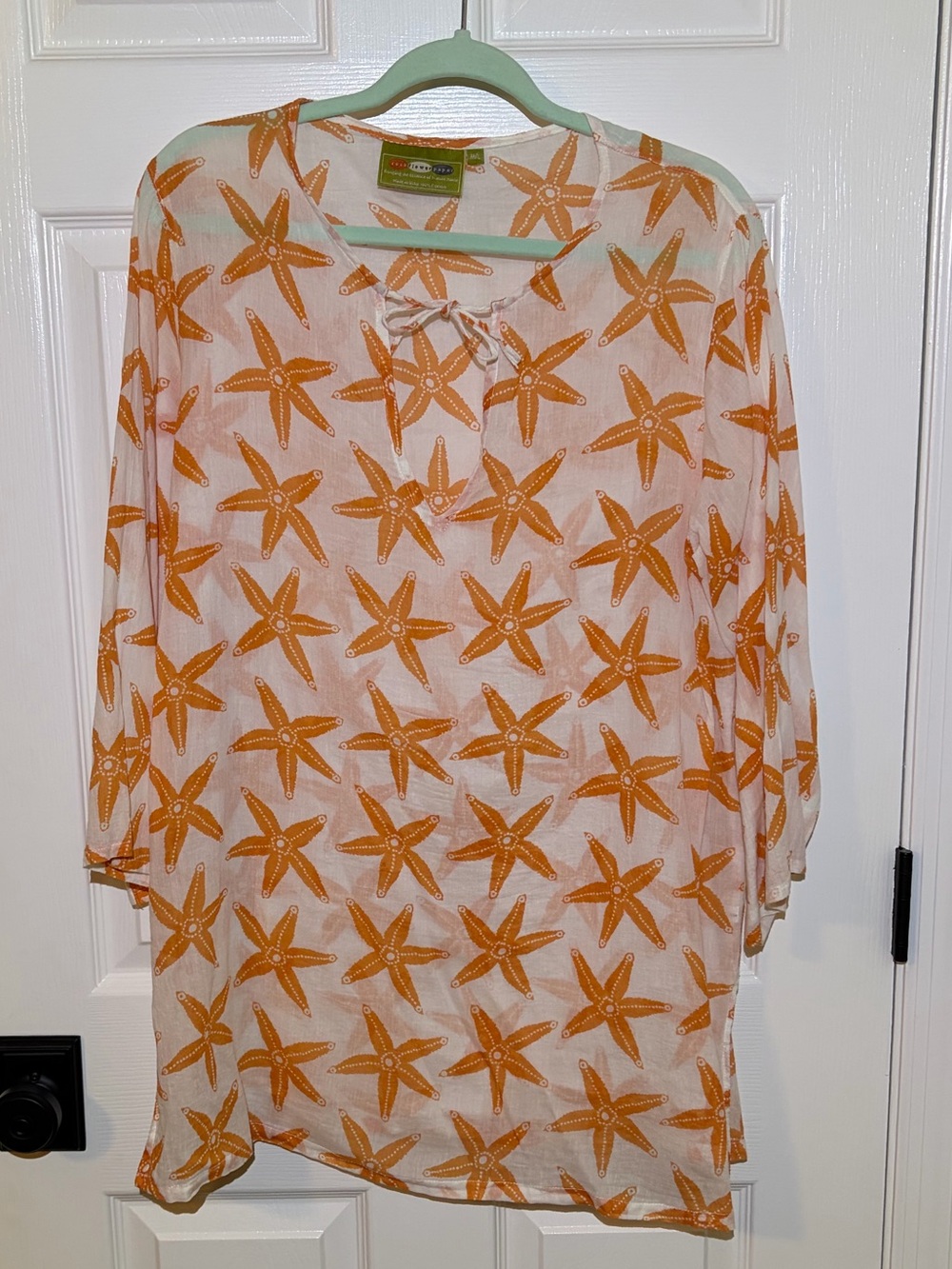 Lightweight Orange Starfish Print Tunic Top with Front Tie. Size Med/Large